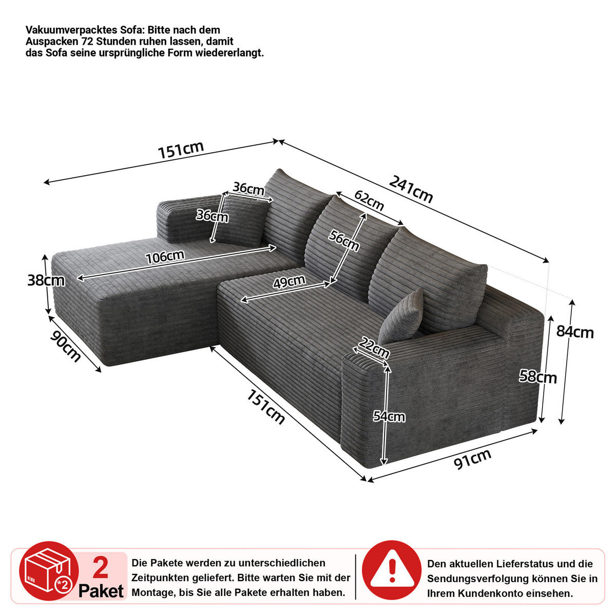 ECKSOFA Cord Dunkelgrau - Grau, Textil (241/151cm) - WISHDOR