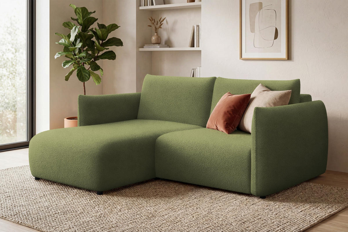 ECKSOFA TAUER 3-Sitzer LINKS, Bouclé-Stoff grün - Schwarz/Grün, Holz/Textil (173/206cm) - Courtois Laville