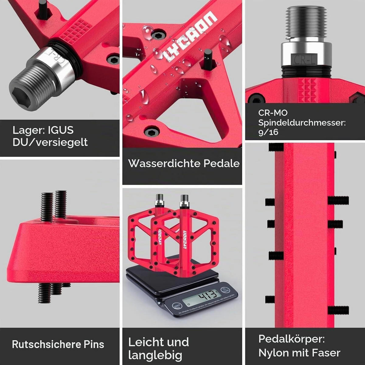 FAHRRADPEDALE Rot Nylon CR-MO Spindel 9/16 Zoll Flachpedale - Rot, Kunststoff (10.9/2/10.9cm)