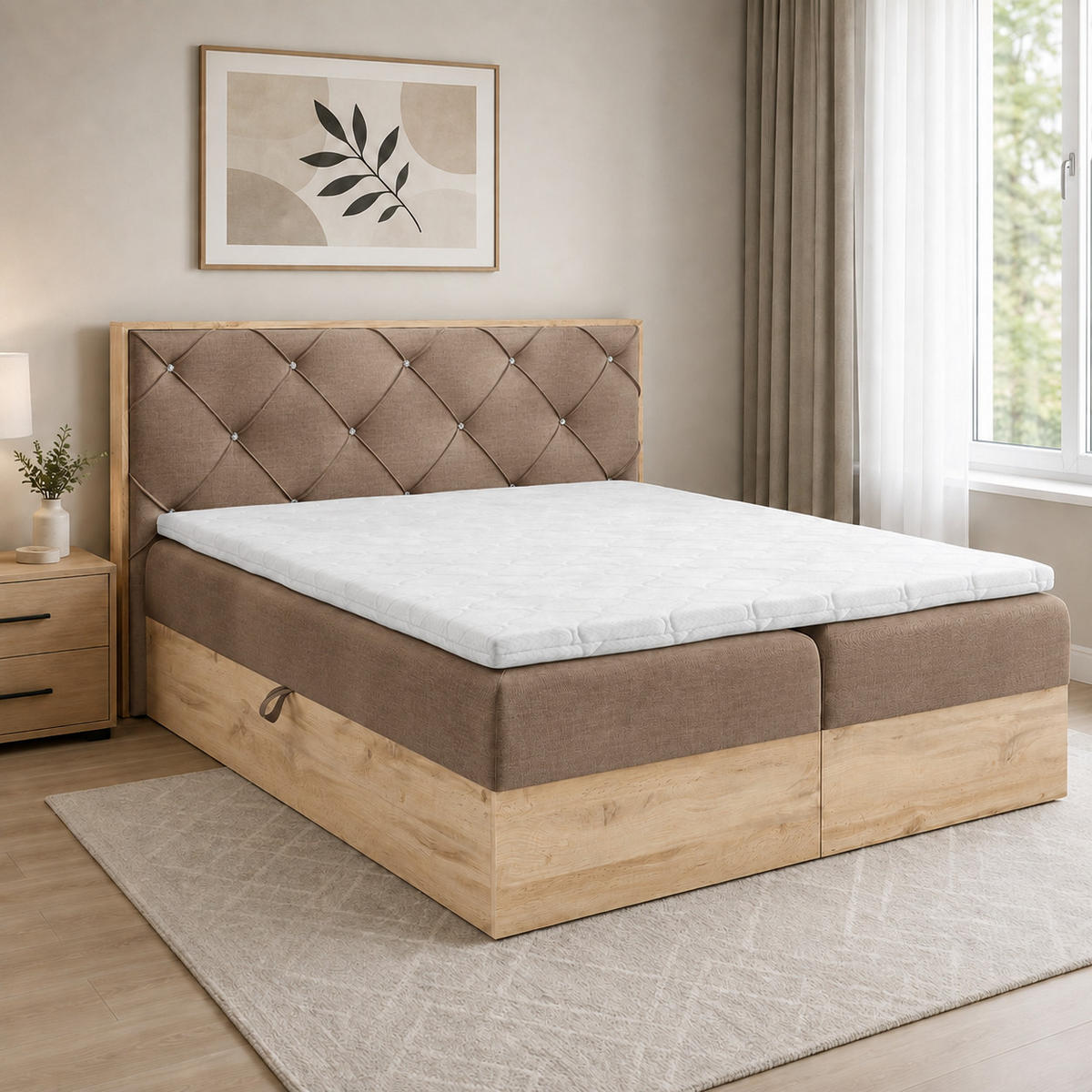 BOXBETT Holzoptik Sonoma Eiche mit Topper 120x200 cm Hellbraun - Hellbraun, Textil (120/200cm) - Home Collective