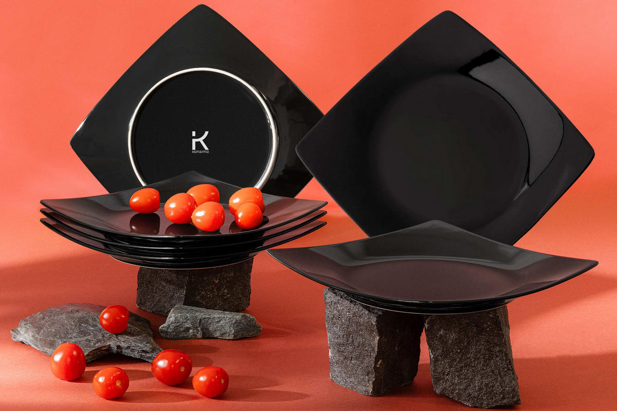TELLERSET EPIRI Speiseteller 6 Personen 6-tlg - Schwarz Hochglanz, Keramik (25cm) - KONSIMO®