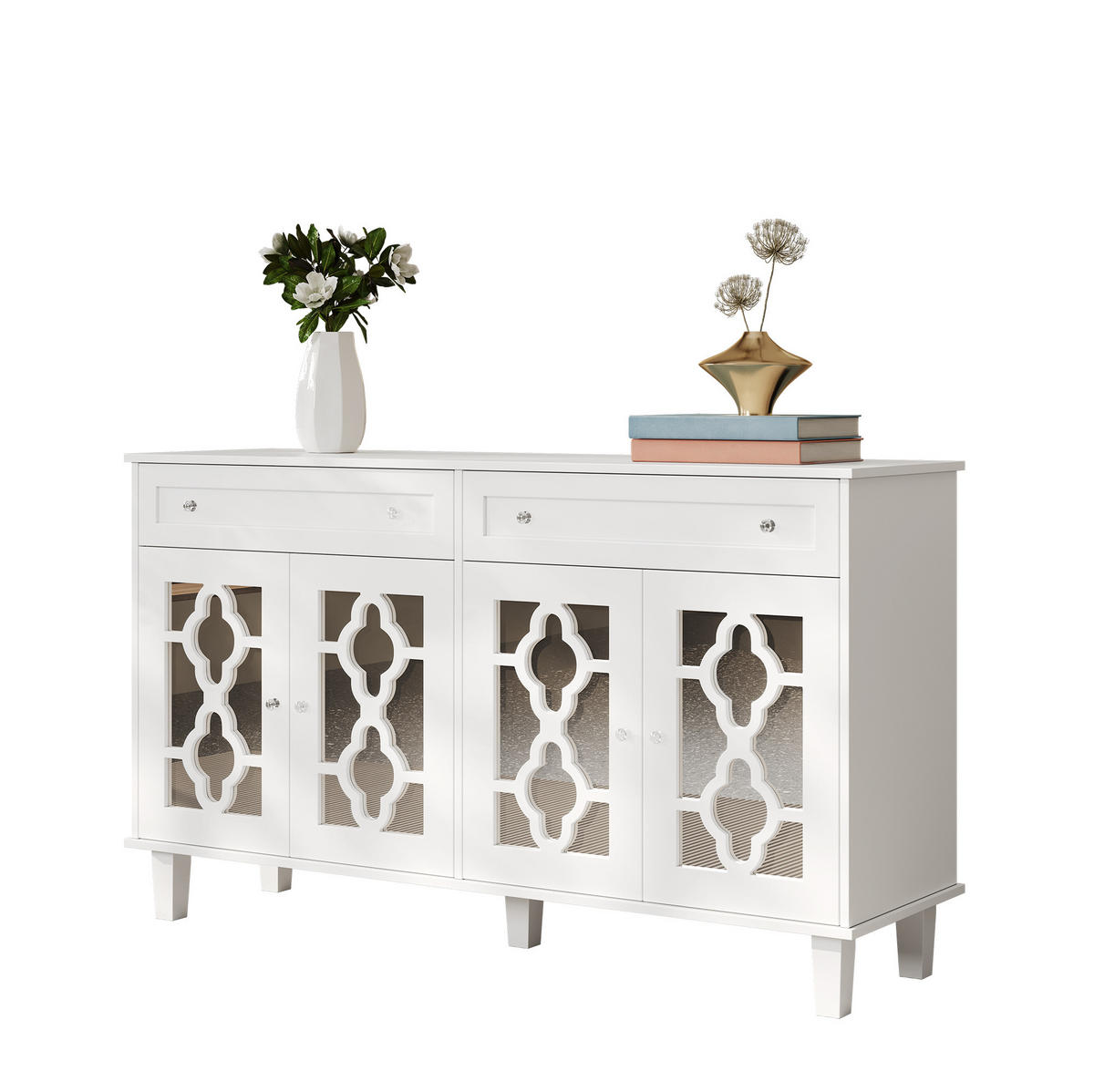 SIDEBOARD 140/40/83 cm mit 4 Spiegeltüren & 2 Schubladen in Weiß - Weiß, Holzwerkstoff (140/83/40cm) - BEAOK