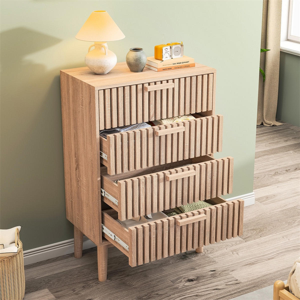 KOMMODE mit 4 Schubladen - gerillte Fronten und konische Beine - für Wohnzimmer und Schlafzimmer - Eichefarben, Holzwerkstoff (60/91/34cm) - DELFA