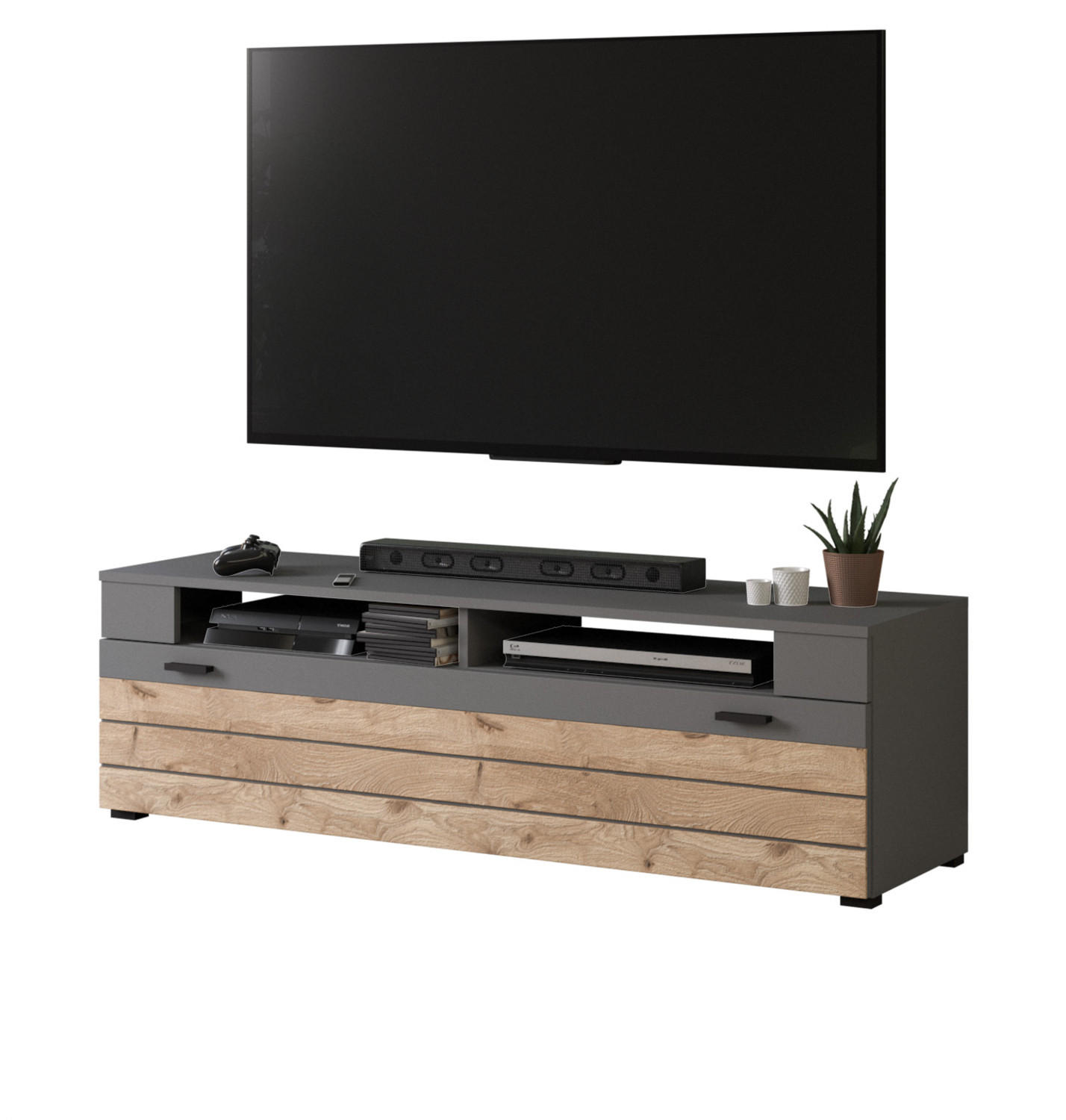 TV-LOWBOARD Eiche, grau matt 140 cm, TV Unterteil mit 4 Fächern - Eichefarben/Dunkelgrau, Holzwerkstoff/Kunststoff (140/43/40cm) - Inn.Furn
