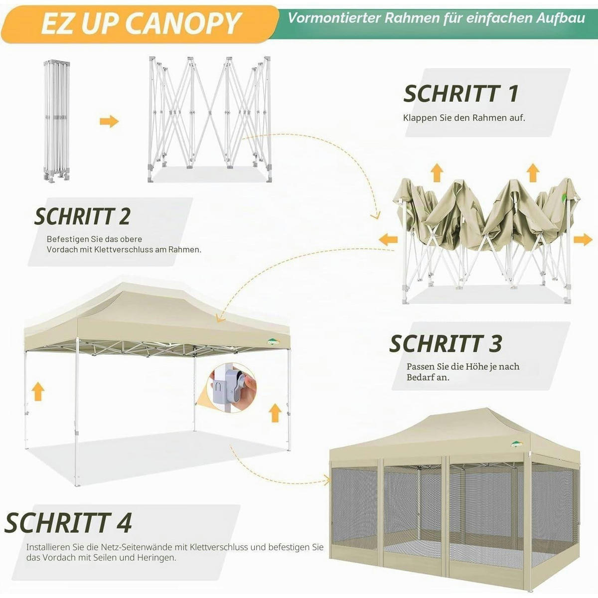FALTPAVILLON 3 x 4.5 m Wasserdicht mit 4 Netzseitenwänden Khaki - Beige, Textil (300/336/450cm)