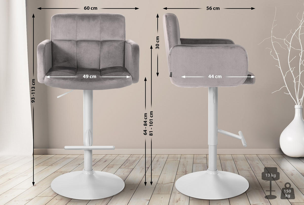 BARHOCKER Samt grau - Weiß/Grau, Textil/Metall (60/93/56cm) - CLP