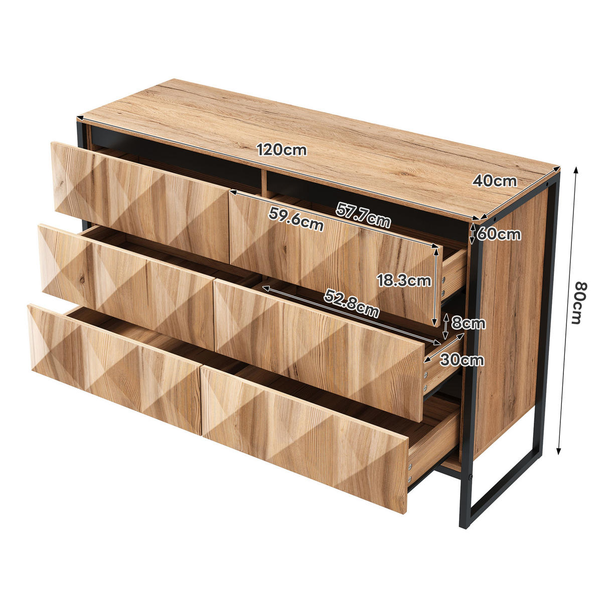 SIDEBOARD mit 6 Schubladen, Schwarz und Holz mit Metallgestell und verdeckten Griffleisten, 120/40/80 cm,Naturfarben - Naturfarben, Holzwerkstoff (120/80/40cm) - Redom