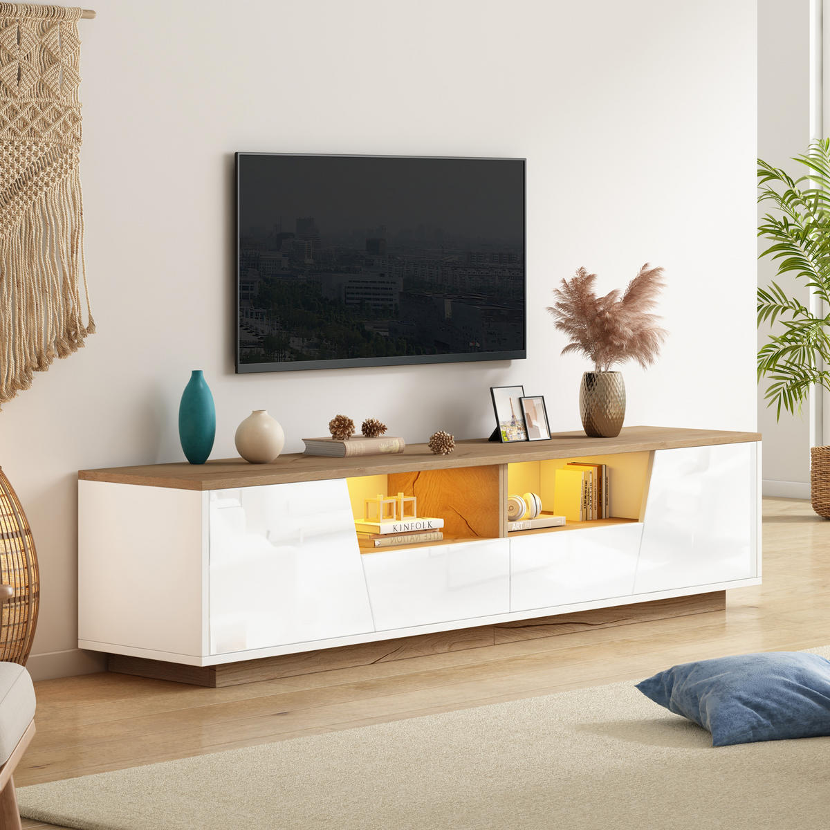 TV-SCHRANK 180/40/46 cm Weiß/Naturholz mit LED, 2 Schubladen und 2 Türen - Weiß, Holzwerkstoff (180/46/40cm) - Oxeza