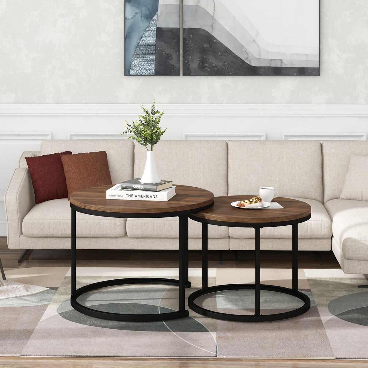 COUCHTISCH in Walnussfarben und Schwarz mit Tischplatte in Marmoroptik für Wohnzimmer, B71/T71/H50 cm - Walnussfarben/Schwarz, Holzwerkstoff/Metall (70.5/70.5/50cm) - STILVORA