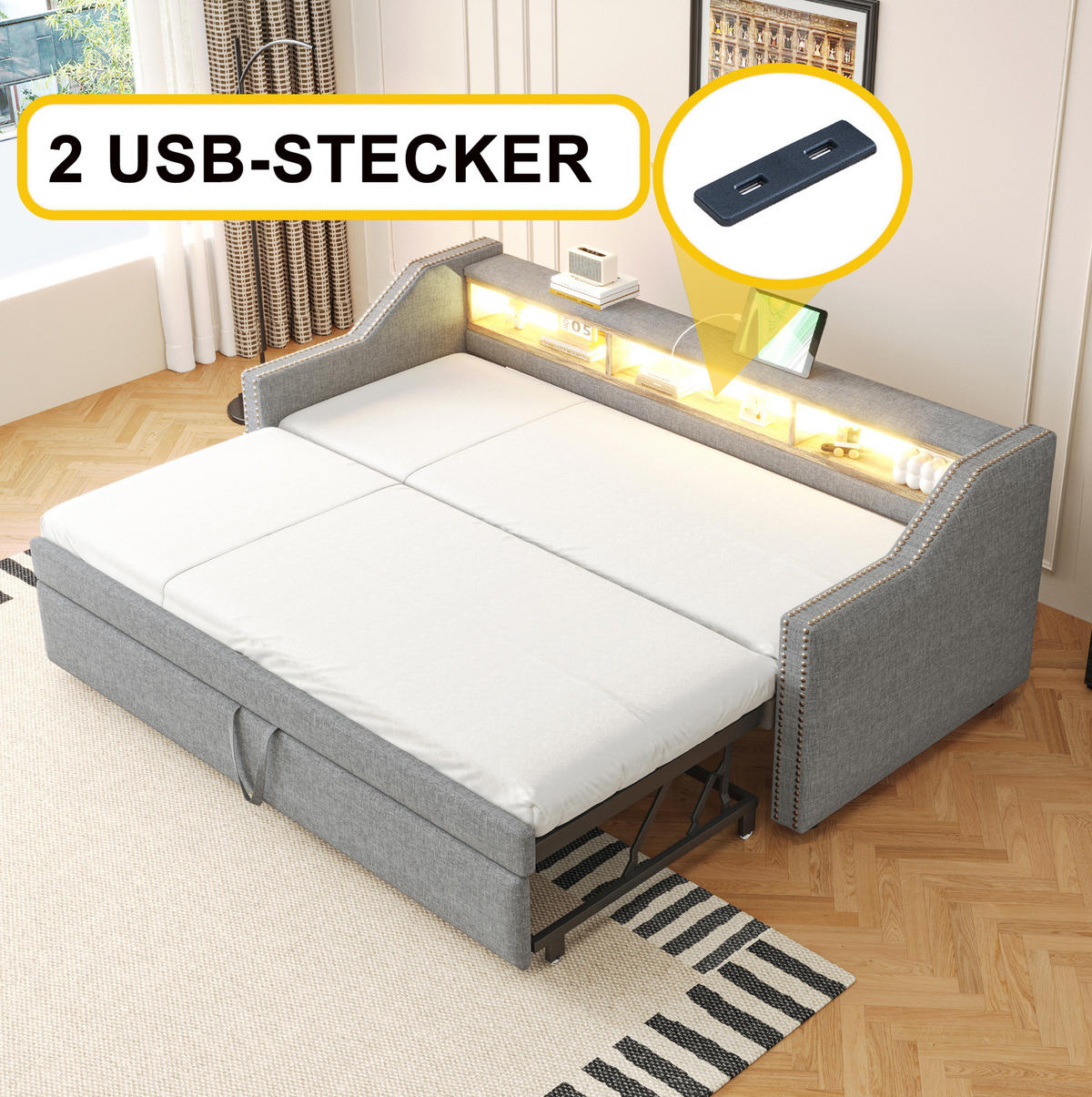 BETT 90/180/190 cm Hellgrau aus Leinen mit Bett, USB und LED - Hellgrau, Textil (90/190cm) - OKMYHOME