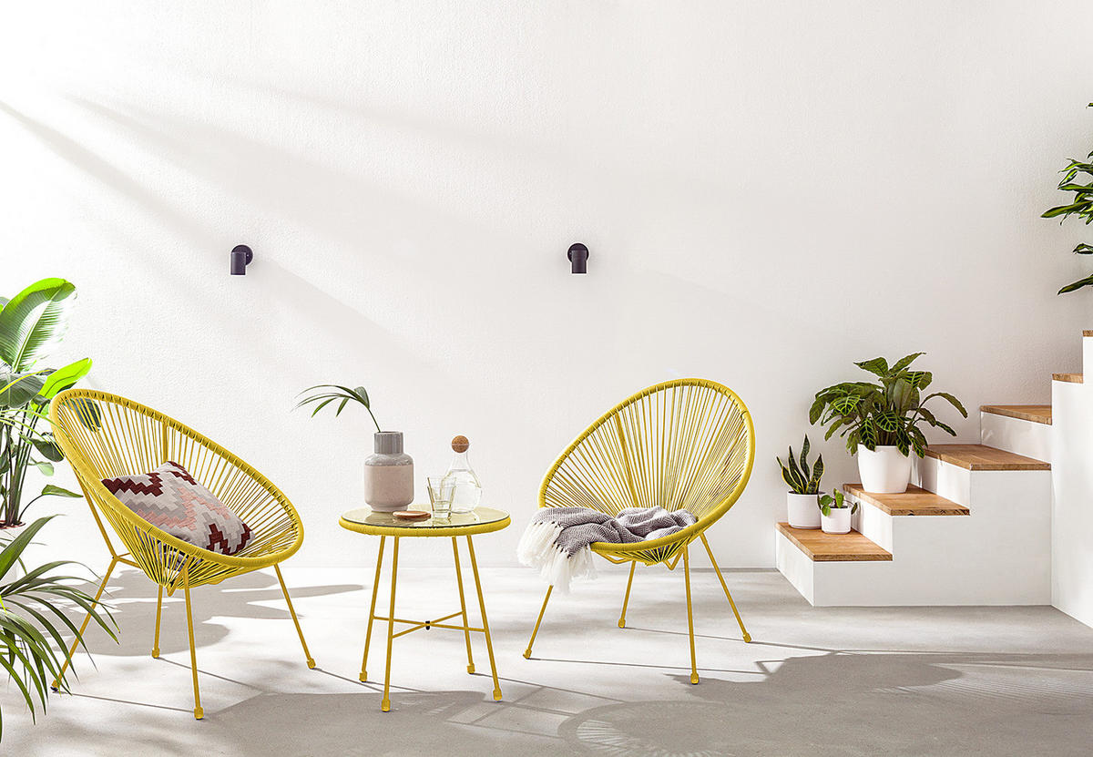 SITZGRUPPE - Stahl / Polyrattan - 3-teilig - Gelb, Naturmaterialien/Glas - home24