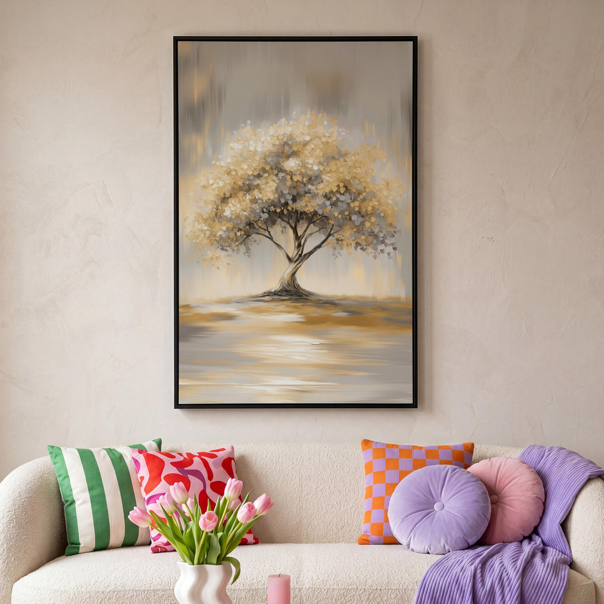 LEINWAND Bilder mit Rahmen - Gemälde - Baum - Abstrakt - Blätter - 90x140 - Beige, Textil (90/140cm) - MuchoWow