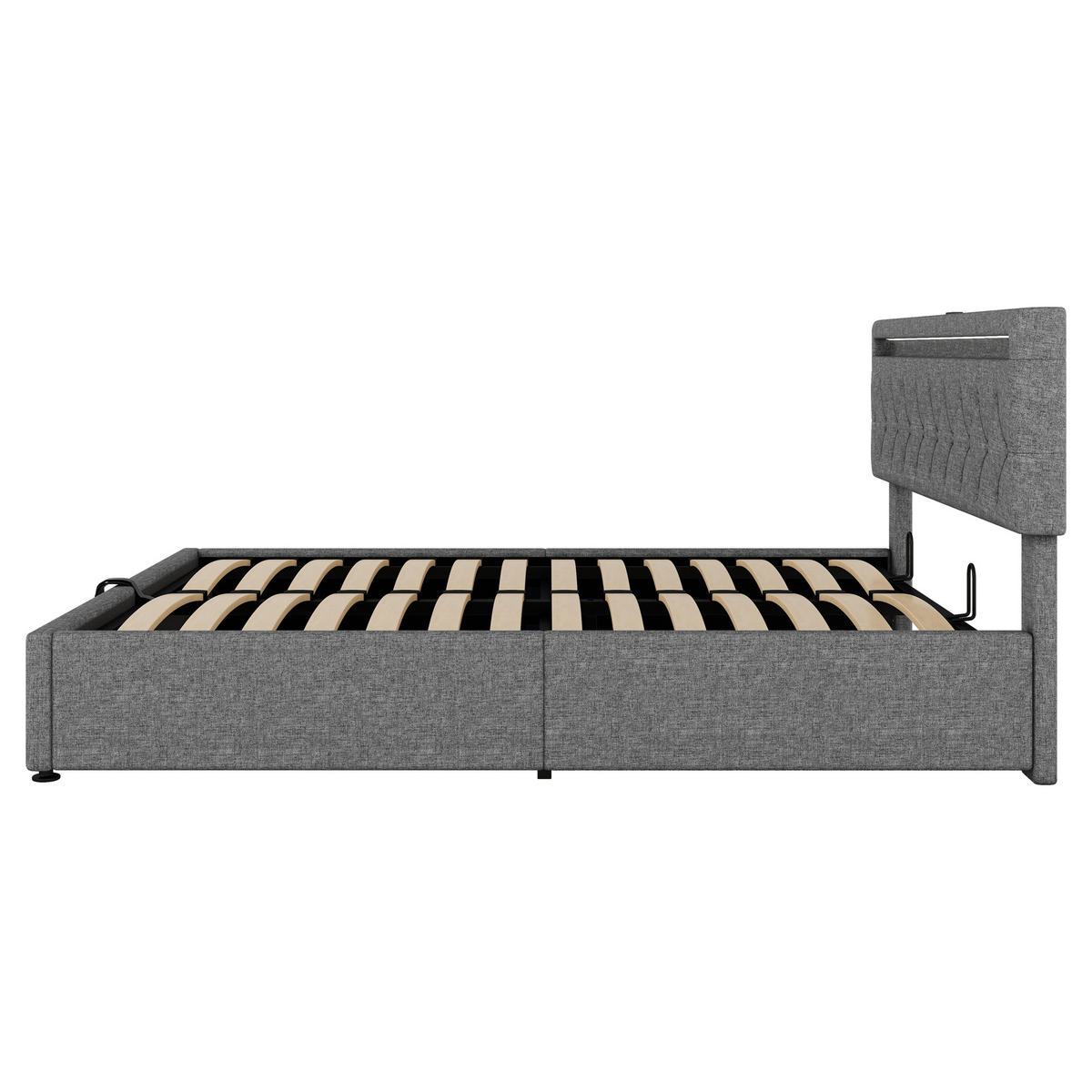 FLACHBETT 160x200cm Grau gepolstert LED Hydraulik USB-C Stauraum - Grau, Holz (160/200cm) - FLIEKS