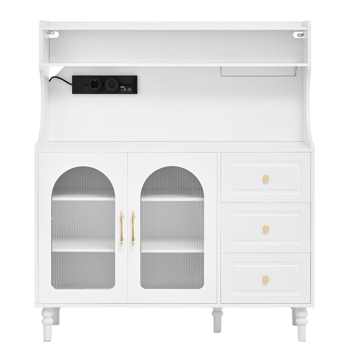 BUFFETSCHRANK 120/40/138,5 cm mit Steckdose, USB- und USB-C-Anschluss, Glashalter und 3 Schubladen, MDF, Weiß - Weiß, Holzwerkstoff (120/138.5/40cm) - Redom