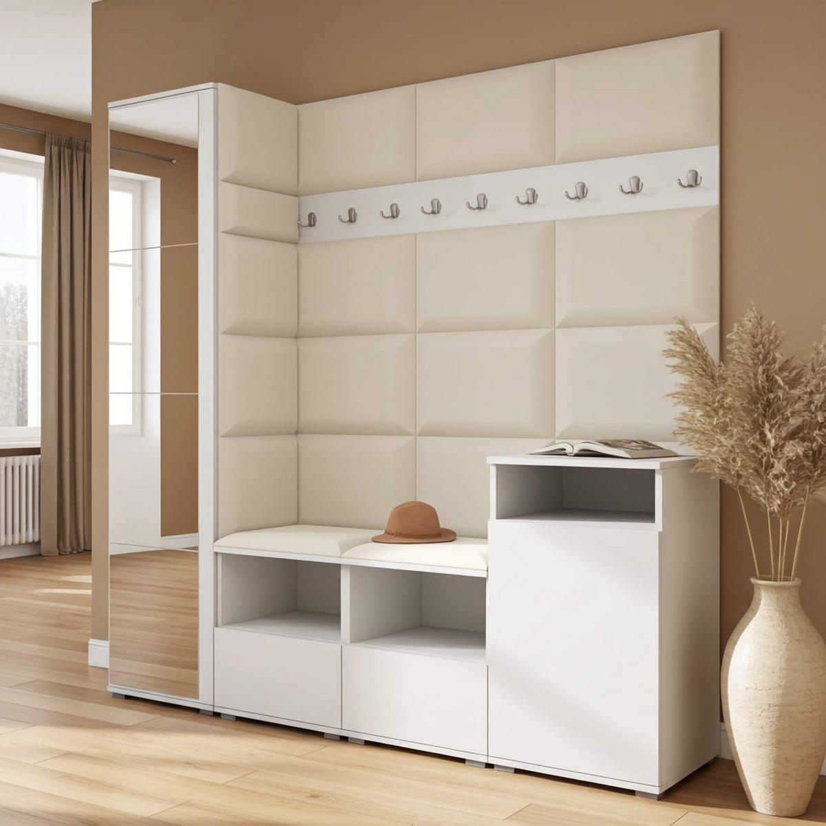 GARDEROBE NELA X 200 cm (Modulare Flurmöbel Weiß mit Spiegel & Sitzpolster Creme 01 Schrank + Sideboard) - Silberfarben/Creme, Holz/Holzwerkstoff (200/187/40cm) - Ravio