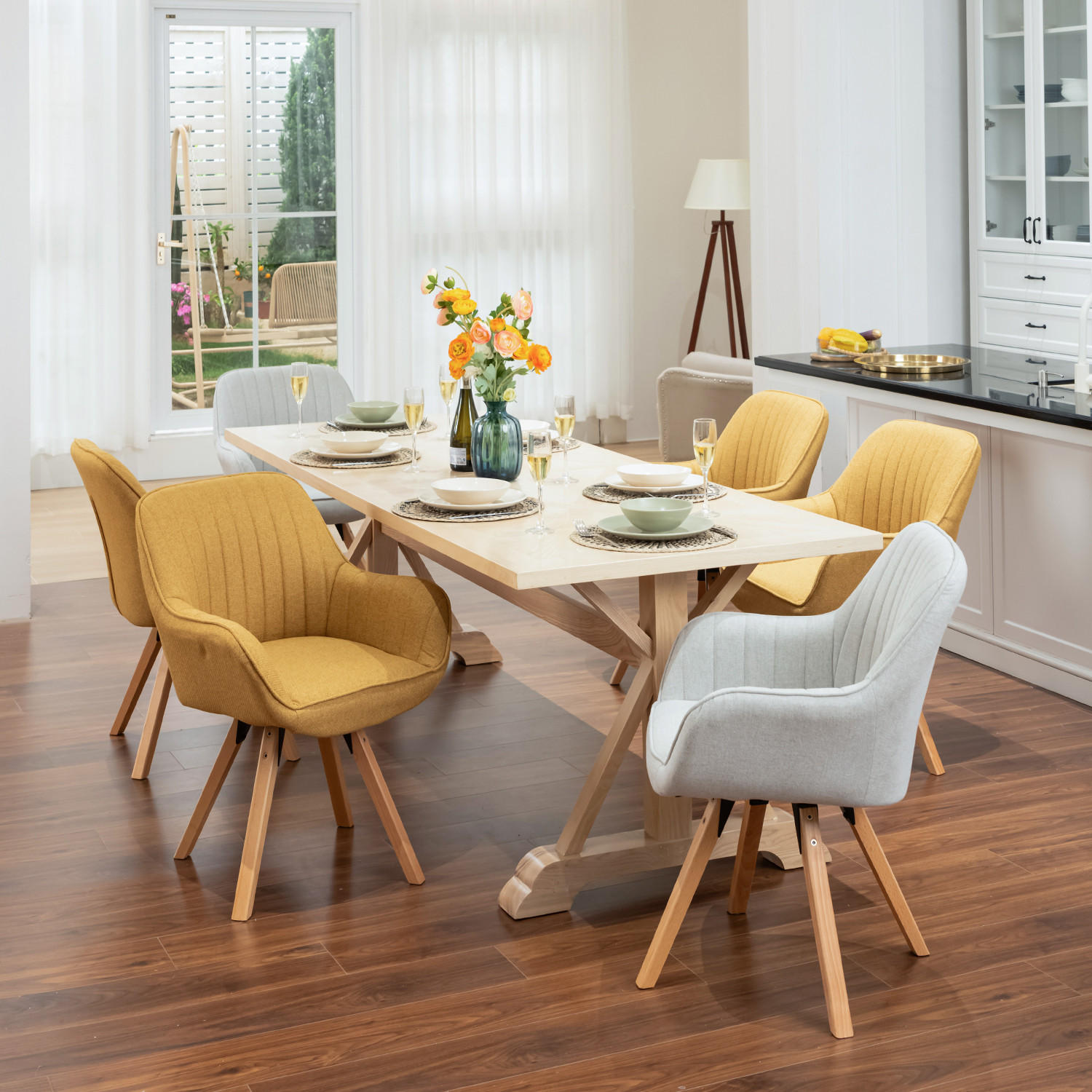 ARMLEHNSTUHL-SET 6 Stück drehbar in Webstoff - Gelb/Hellgrau, Holz/Textil (57/83/56cm) - Meubles Cosy