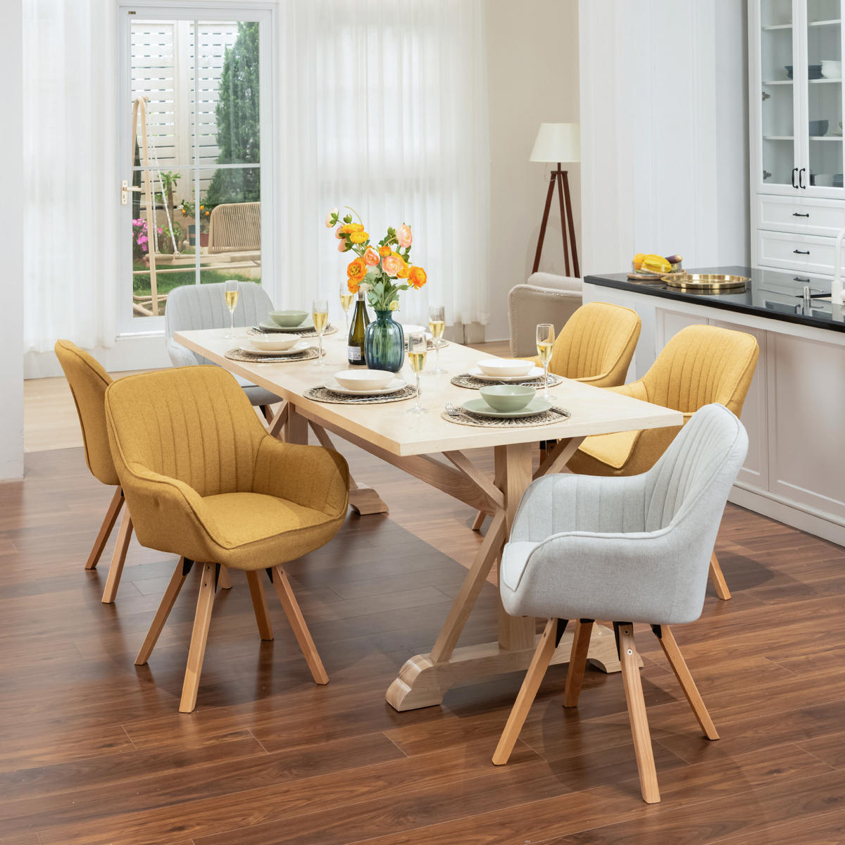 ARMLEHNSTUHL-SET 6 Stück drehbar in Webstoff - Gelb/Hellgrau, Holz/Textil (57/83/56cm) - Meubles Cosy