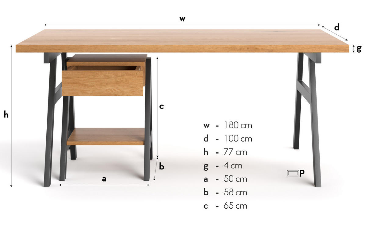 SCHREIBTISCH Arn aus massivem Eichenholz - Eichefarben/Schwarz, Holz/Metall (100/180/77cm) - Danzz
