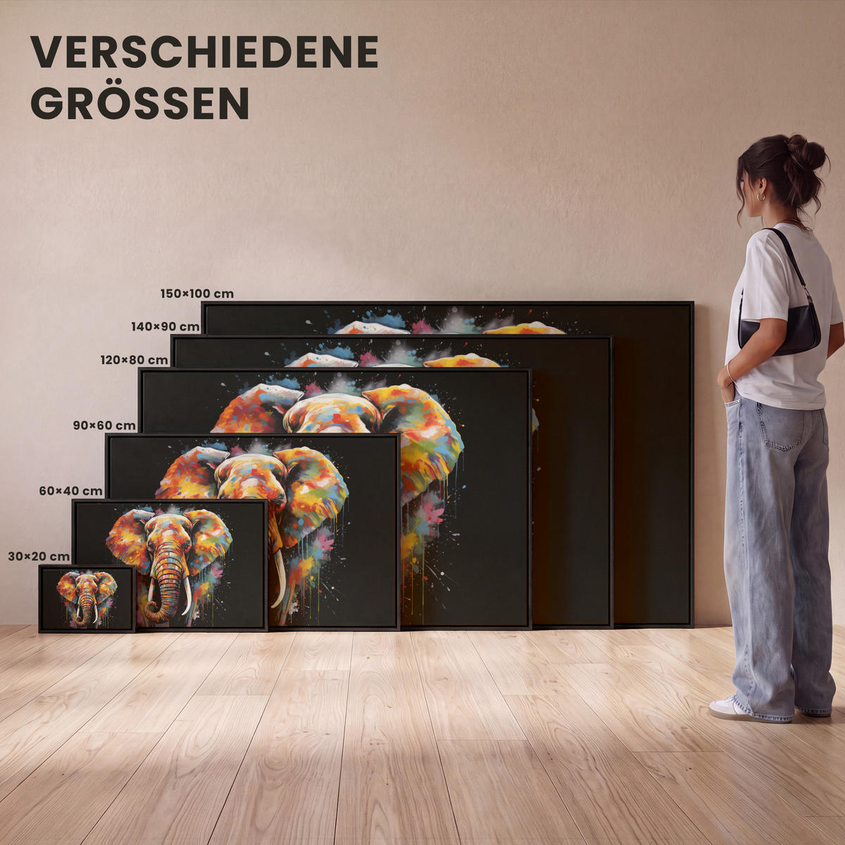 LEINWAND Bilder mit Rahmen - Elefant - Graffiti - Schwarz - Tiere - Farben - 90x60 - Schwarz, Textil (90/60cm) - MuchoWow