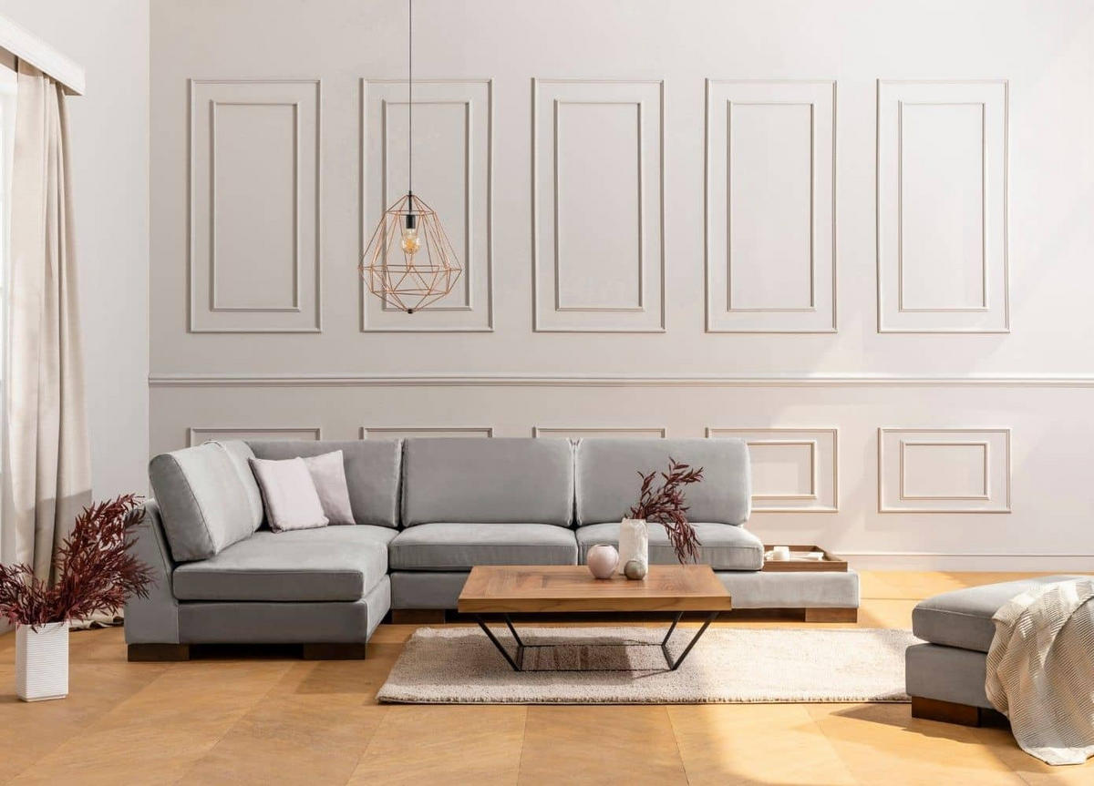 ECKSOFA mit Hocker und Lounge-Design - Walnussfarben/Hellgrau, Holz/Textil (313/193cm) - myHomelando