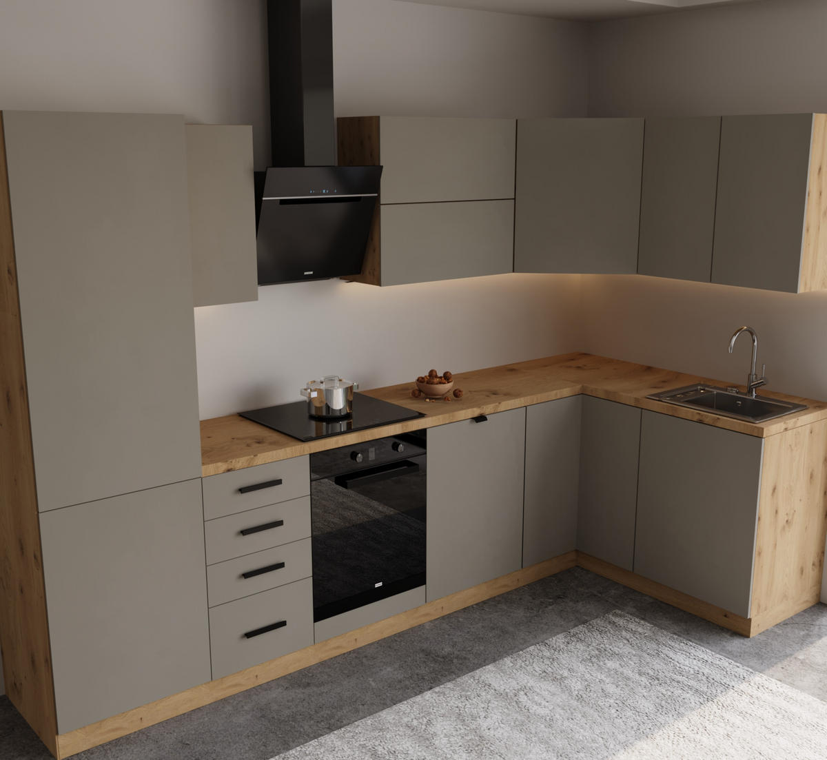 WINKELKÜCHE 300 cm x 140 cm- Langen KL6-M300 - in Beige/Matt - Beige/Schwarz, Holz/Holzwerkstoff (440/212/58cm)