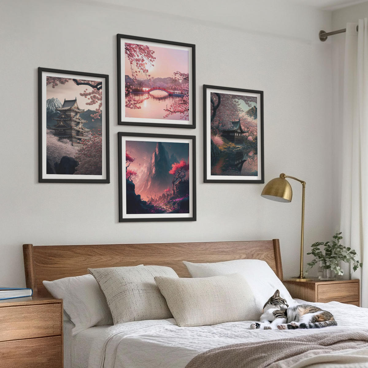 WANDBILDER 4er-Set - 50x50 cm & 40x60 cm Schwarzer Rahmen - Fantasielandschaften Japans - Schwarz, Kunststoff (50/50cm) - ArtPrintCave