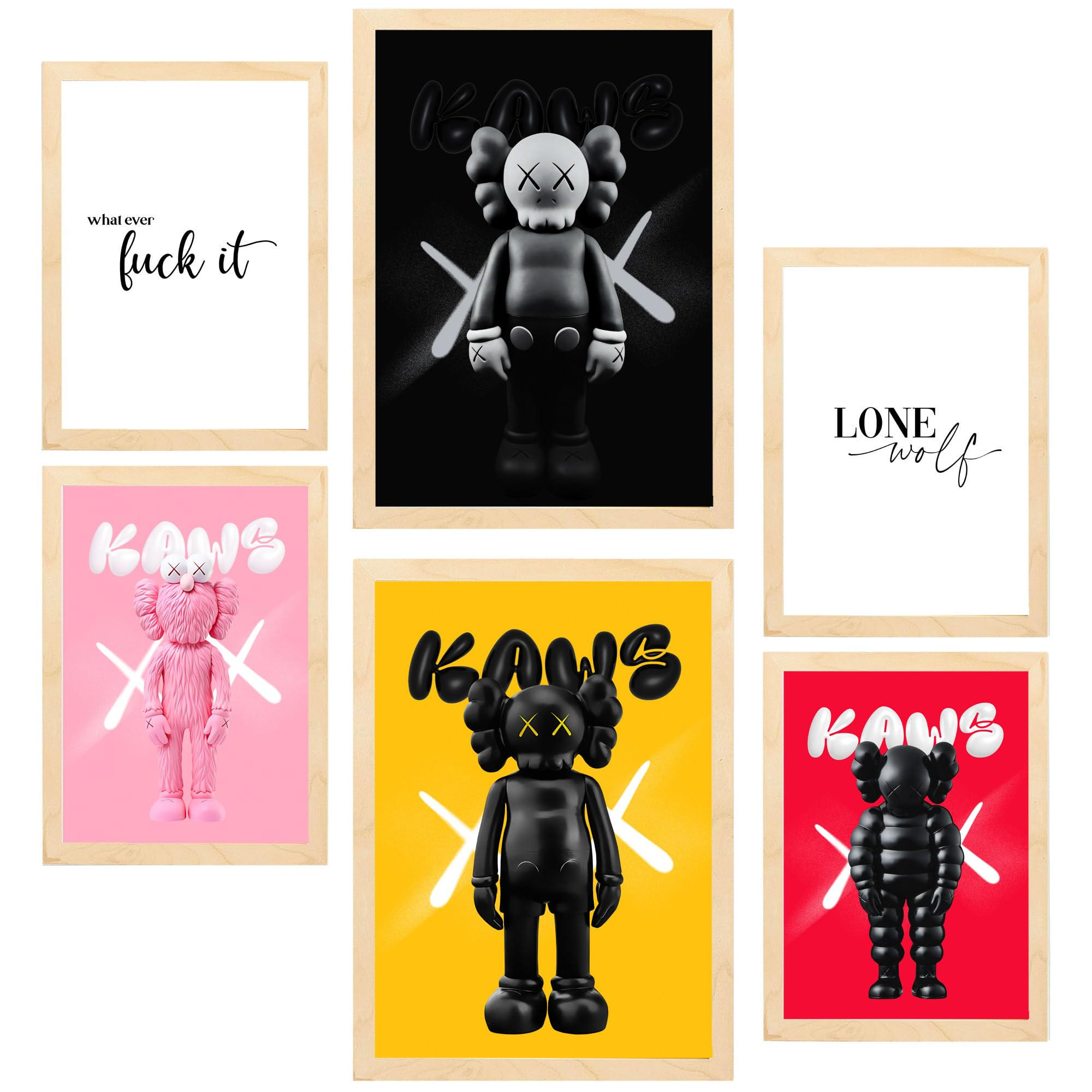 POSTER Set Mit 6 Kultige Kaws Farbenfroh A3 & A4 Rahmen Aus Hellem Holz - Beige, Papier (29/3cm) - Nacnic
