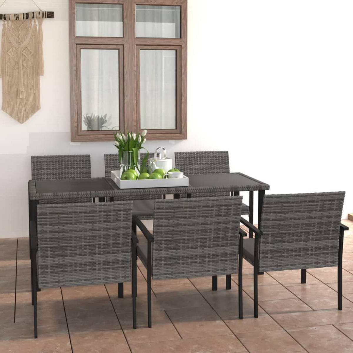GARTEN-ESSGRUPPE VV Poly Rattan Grau - Grau, Kunststoff/Textil - vidaXL