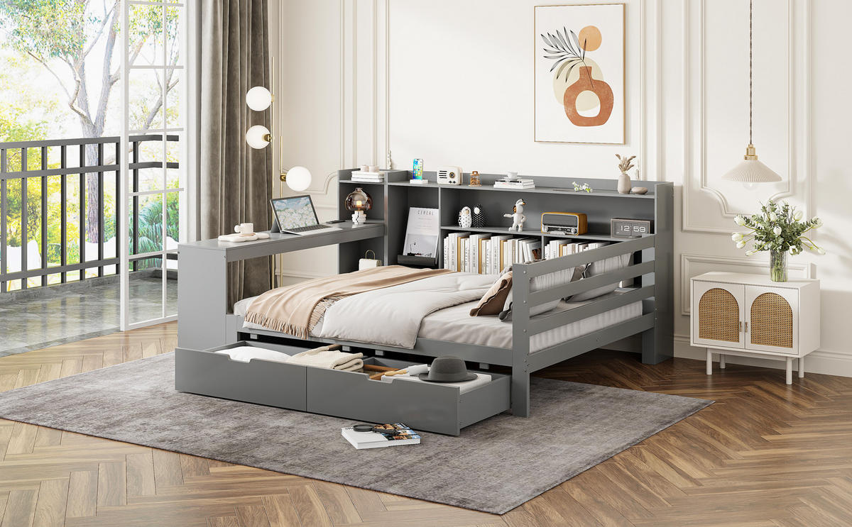 POLSTERBETT 140x200 cm Holz Regal grau - Grau, Holz (140/200cm) - LEBENLANG