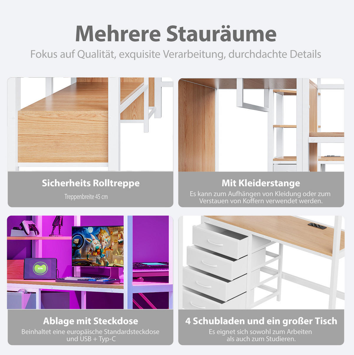 HOCHBETT 140/200 cm aus Metall und MDF mit Schreibtisch, Stauraum und LED-Beleuchtung Weiß - Weiß, Metall (140/200cm) - Modenvie