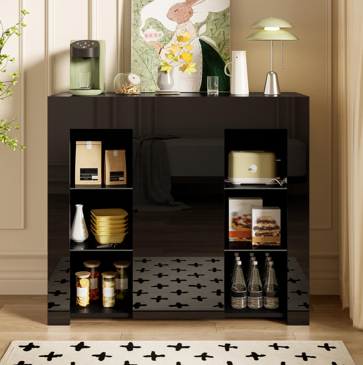 SIDEBOARD 95/35/83 cm in Schwarz mit Hochglanz-Front und Glasregalen - Schwarz, Holzwerkstoff (95/83/35cm) - Flora Grace