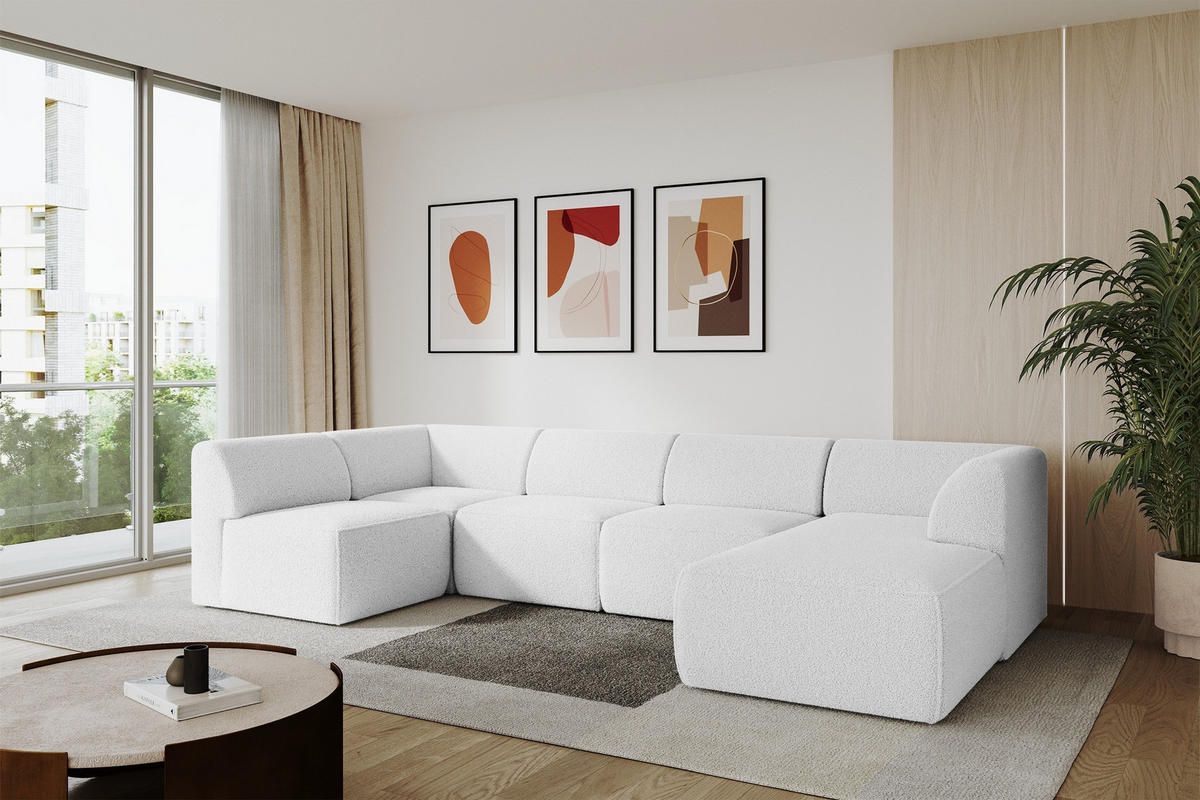 WOHNLANDSCHAFT Ottomane Rechts MOVO-L 345x180x78 cm Weiß Bouclé - Schwarz/Weiß, Holzwerkstoff/Kunststoff (345/78/180cm) - ALTDECOR