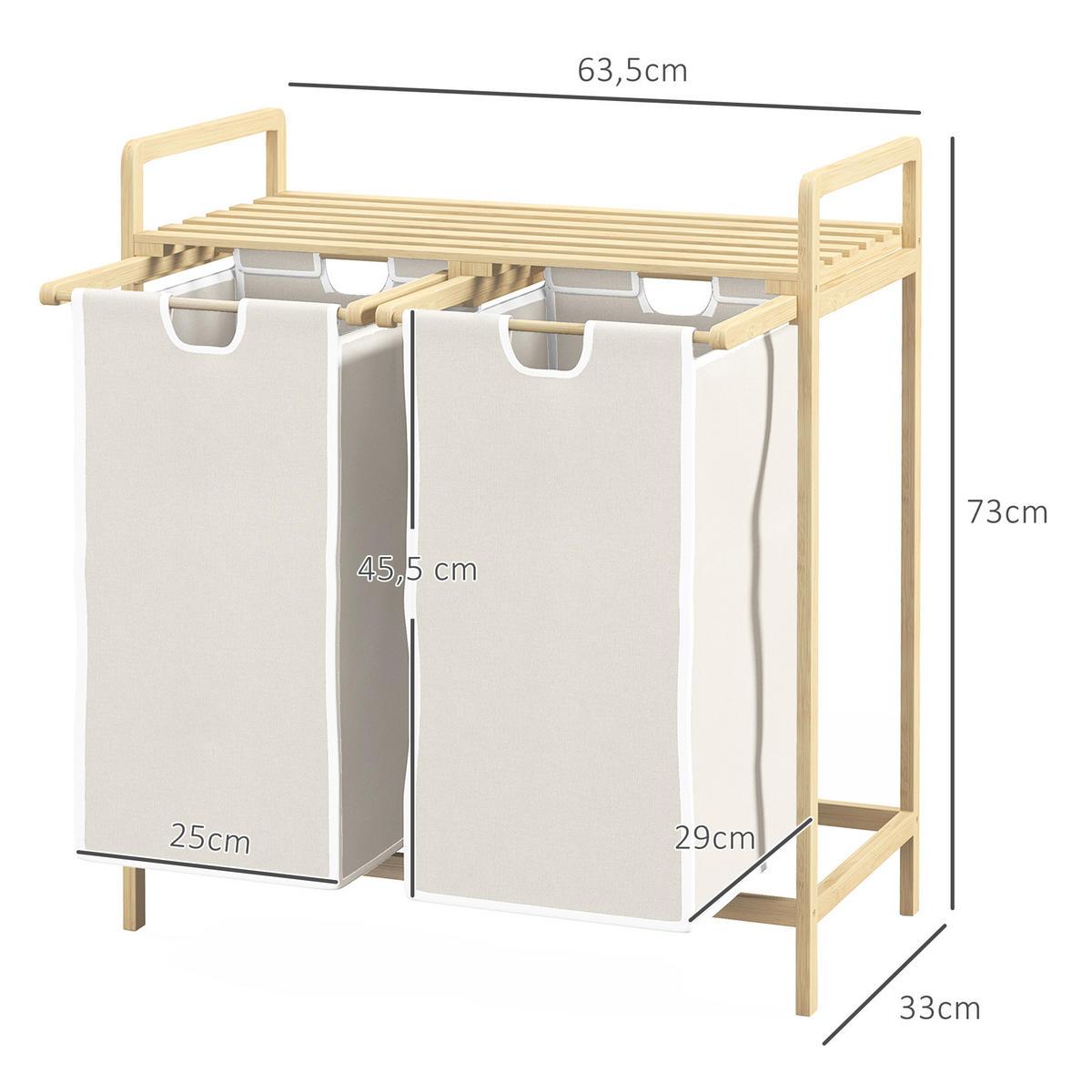 WÄSCHEKORB Wäschebox mit 2 abnehmbaren Wäschesacke Wäschesortierer Bambus - Creme/Naturfarben, Naturmaterialien (33/73/63.5cm) - HOMCOM