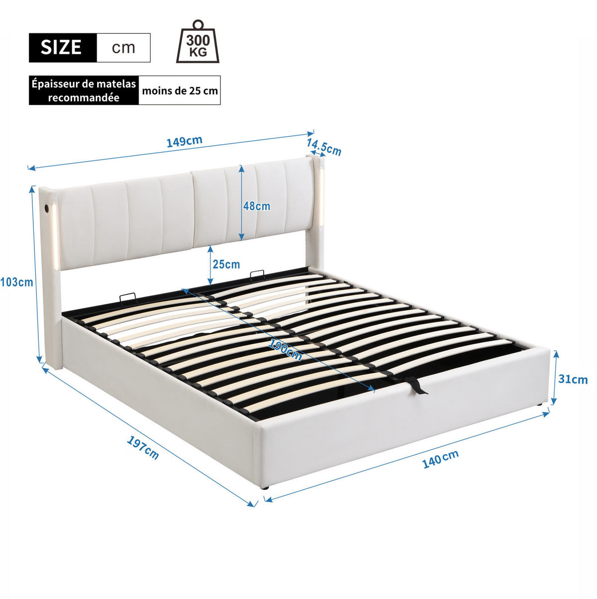 POLSTERBETT 140/190 cm Weiß aus PU mit LED und Stauraum - Weiß, Kunststoff (140/190cm) - OKMYHOME