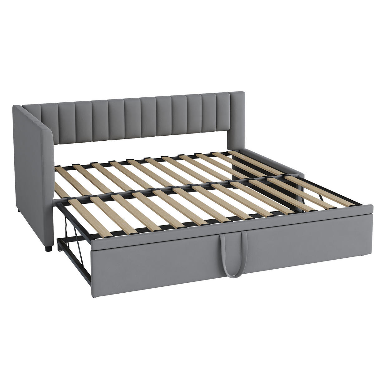 SAMT-POLSTERBETT 90/200 cm mit Ausziehbett und gepolstertem Kopfteil, Grau - Grau, Textil (90/180cm) - BEAOK