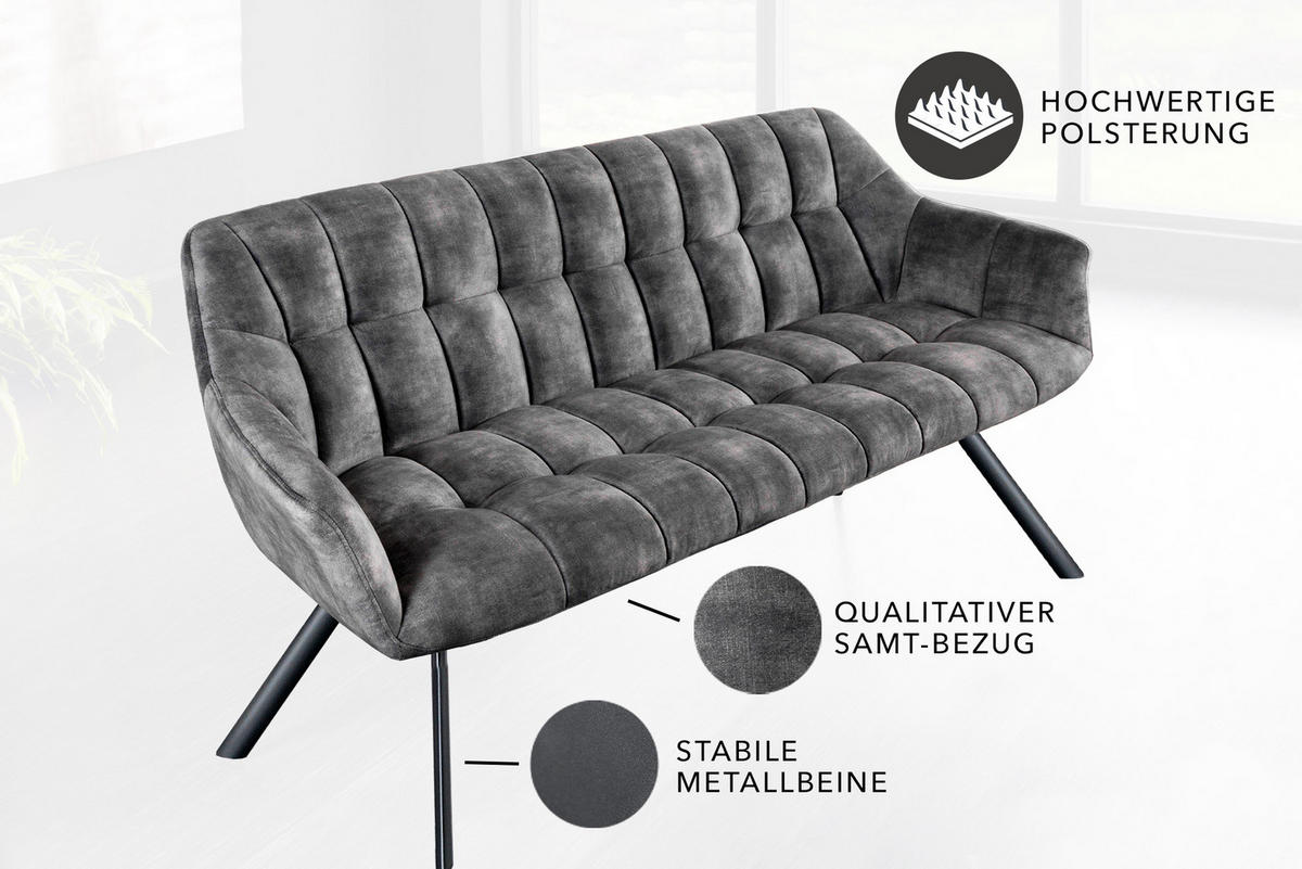 SITZBANK PAPILLON Samt Grau 165 cm - Schwarz/Grau, Textil/Metall (165/85/65cm) - riess-ambiente