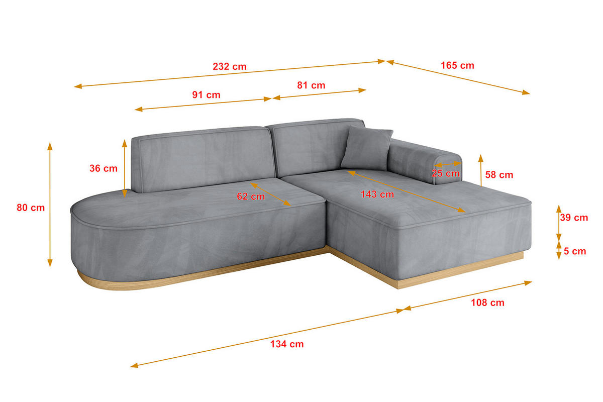 ECKSOFA Ottomane Rechts IREA-L1-v2 - 232x165x80 cm Grau - Titanfarben, Holzwerkstoff/Textil (232/165cm) - ALTDECOR