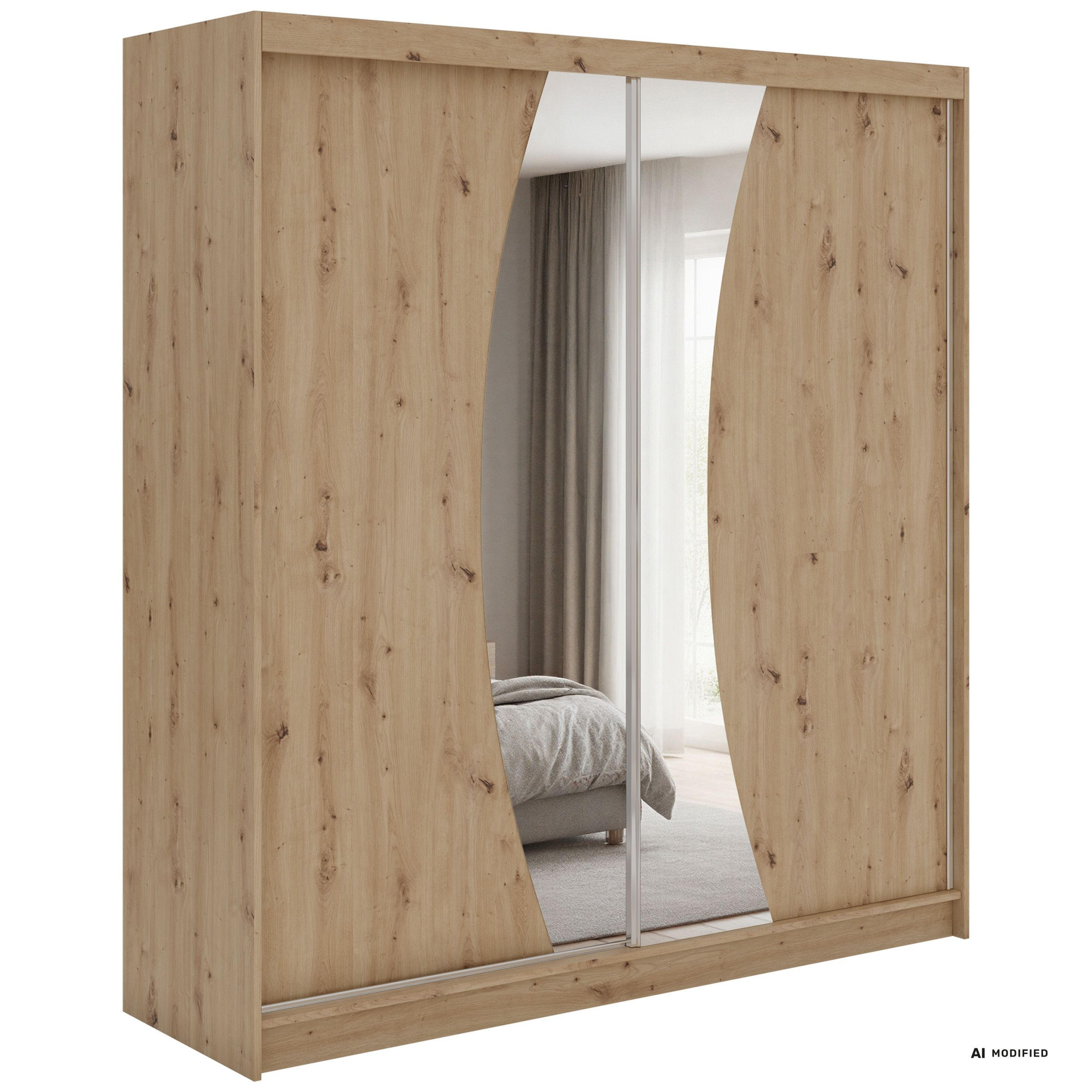 SCHWEBETÜRENSCHRANK mit Schubladen 200 - VERONA - Eiche Artisan mit Spiegel - Alufarben/Eiche Artisan, Holzwerkstoff/Metall (200/216/61cm) - MKS