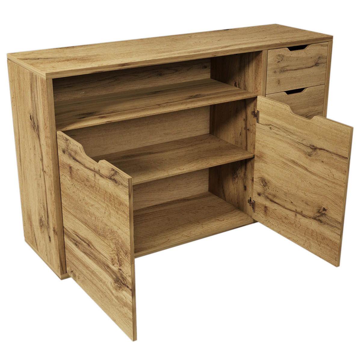 SIDEBOARD aus MDF und Metall 150x40x90 cm Eichefarben/Schwarz mit 2 Türen, 4 Schubladen, offenem Fach und Softclose - Eichefarben, Holzwerkstoff (150/90/40cm) - Modfu