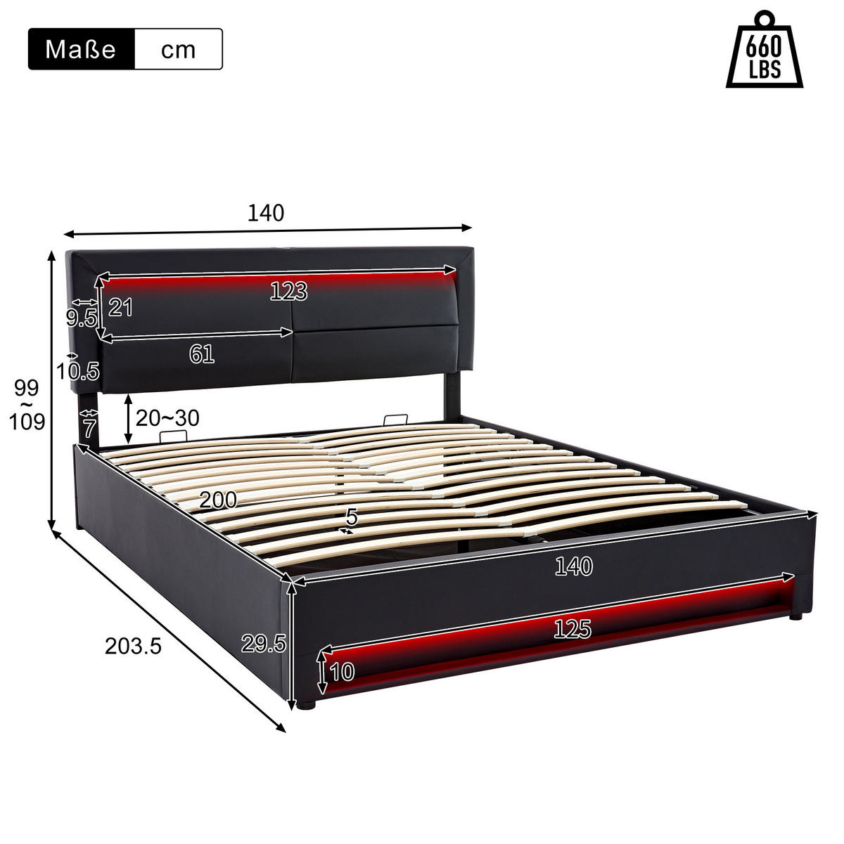 POLSTERBETT 140/200 cm mit LED-Beleuchtung, USB und Bettkasten in Schwarz - Schwarz, Kunststoff (140/200cm) - BEAOK