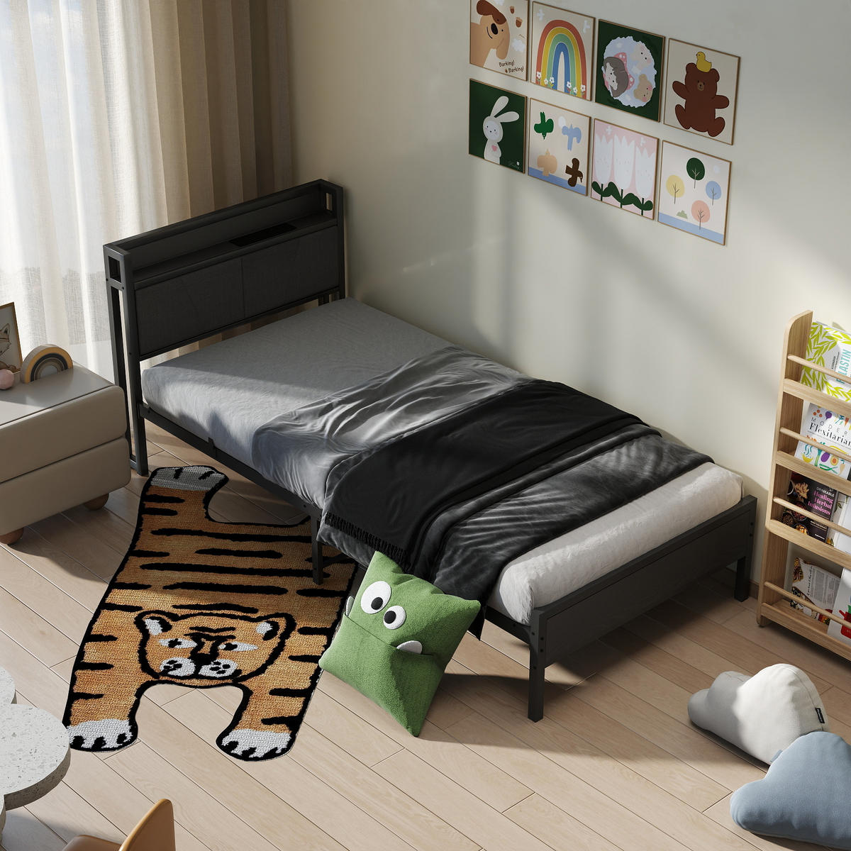 METALLBETT 90x200 cm Schwarz mit Steckdosen und USB-Ladeanschlüssen mit Stauraum-Kopfteil - Schwarz, Metall (90/200cm) - Modfu