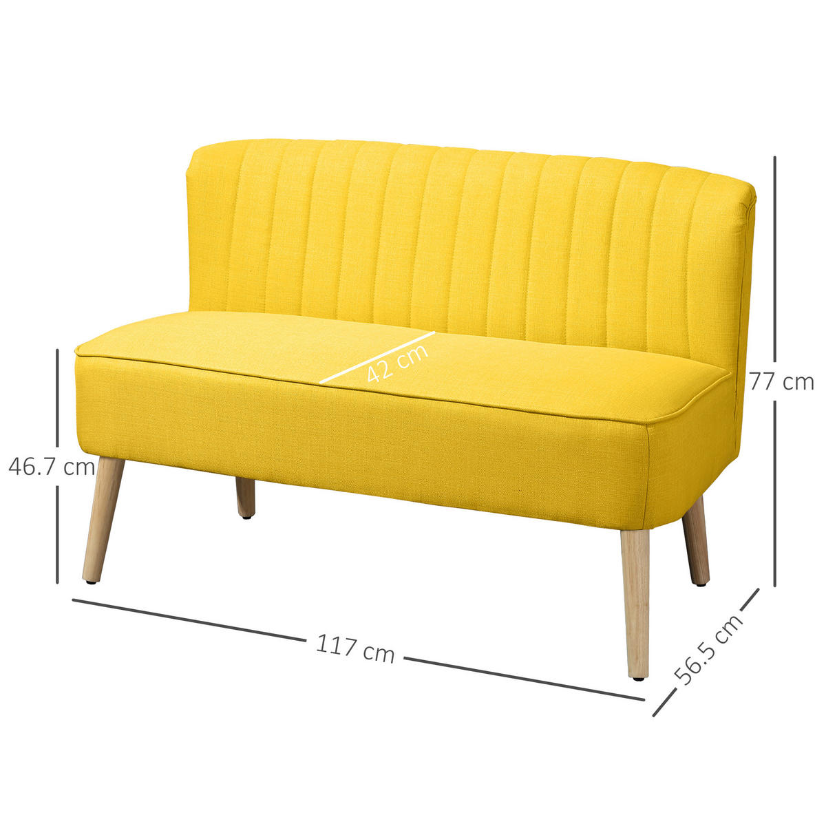 SOFA, 2-Sitzer, Leinenoptik, ohne Armlehnen, Holzbeine, gelb, 117x56,5x77cm - Multicolor, Holzwerkstoff (117/77/56.5cm) - FORIOUS
