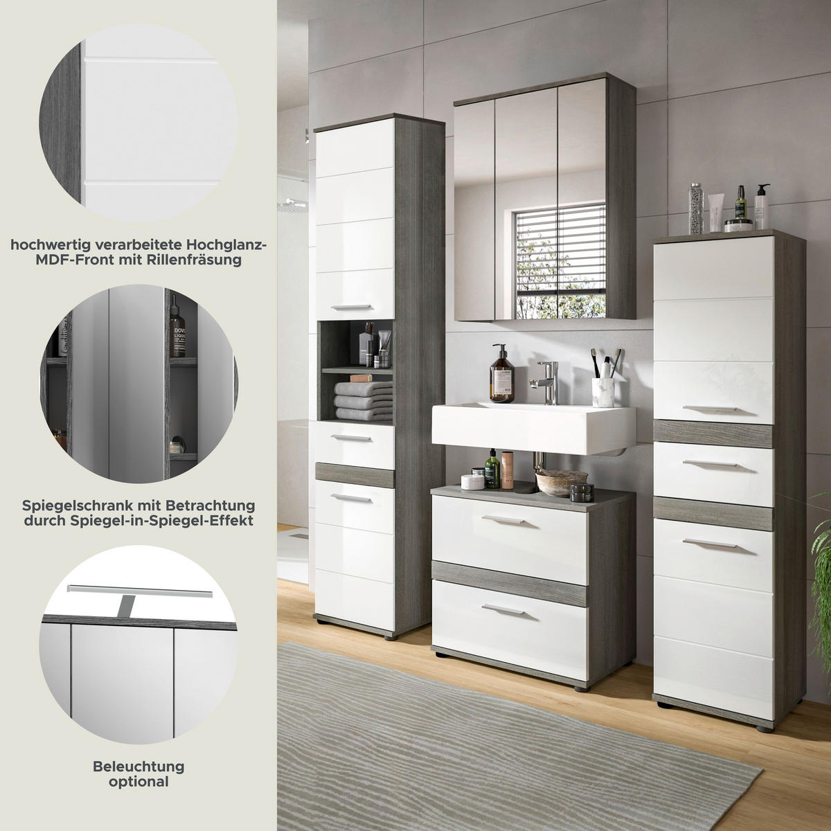 BADKOMBINATION 4tlg. Blake Bad in Rauchsilber Nachbildung und weiß hochglanz B/H/T: 160x191x34 cm - Anthrazit, Holz (160/191/34cm)