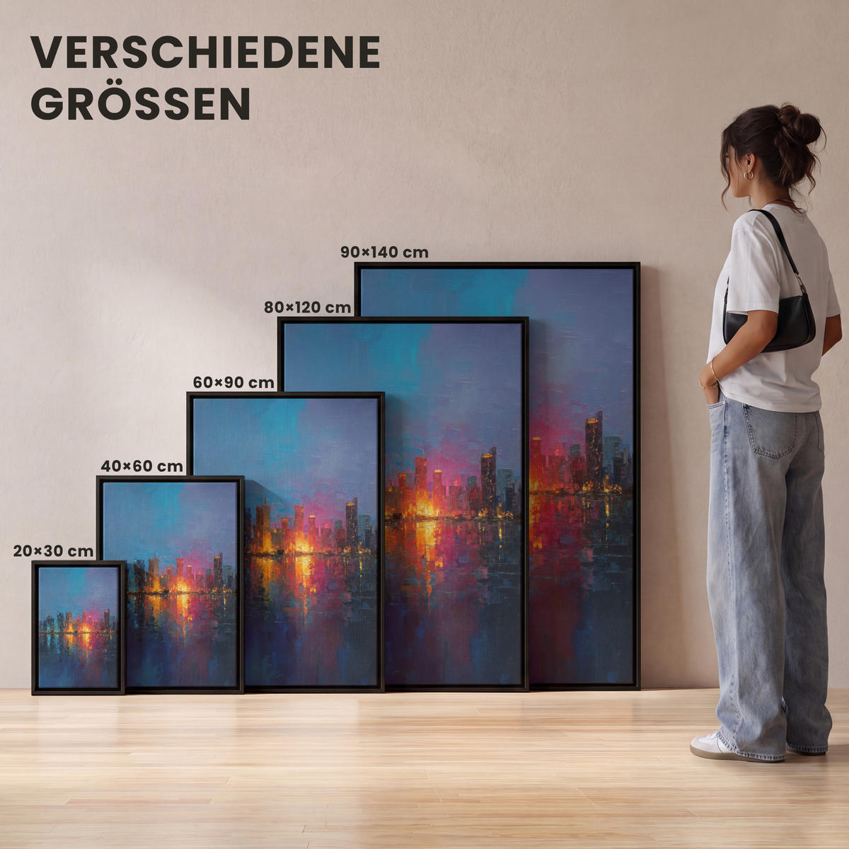 LEINWAND Bilder mit Rahmen - Skyline - Pinselstriche - Dunkelblau - Leuchtend - 90x140 - Blau, Textil (90/140cm) - MuchoWow