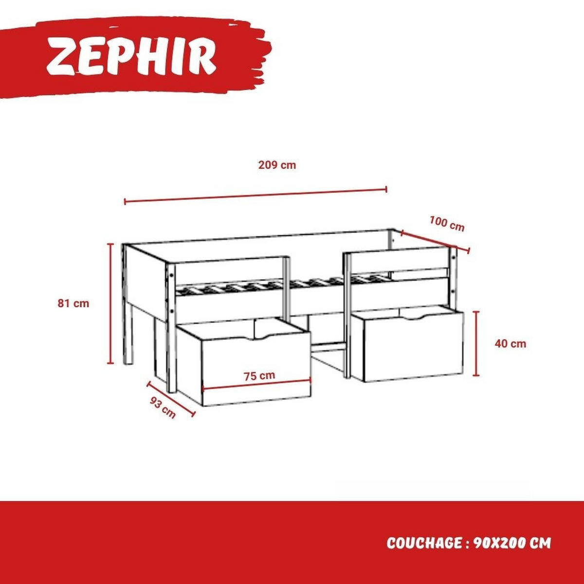 KINDERBETT ZEPHIR mit Schubladen/ 90X190 cm- Weiß & Naturlack - Multicolor, Holzwerkstoff (90/200cm) - Weber Industries