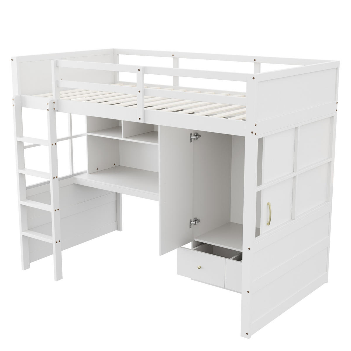 HOCHBETT aus Massivholz 90x200 cm in Weiß mit Schreibtisch & Kleiderschrank - Weiß, Holz (90/200cm) - Modfu