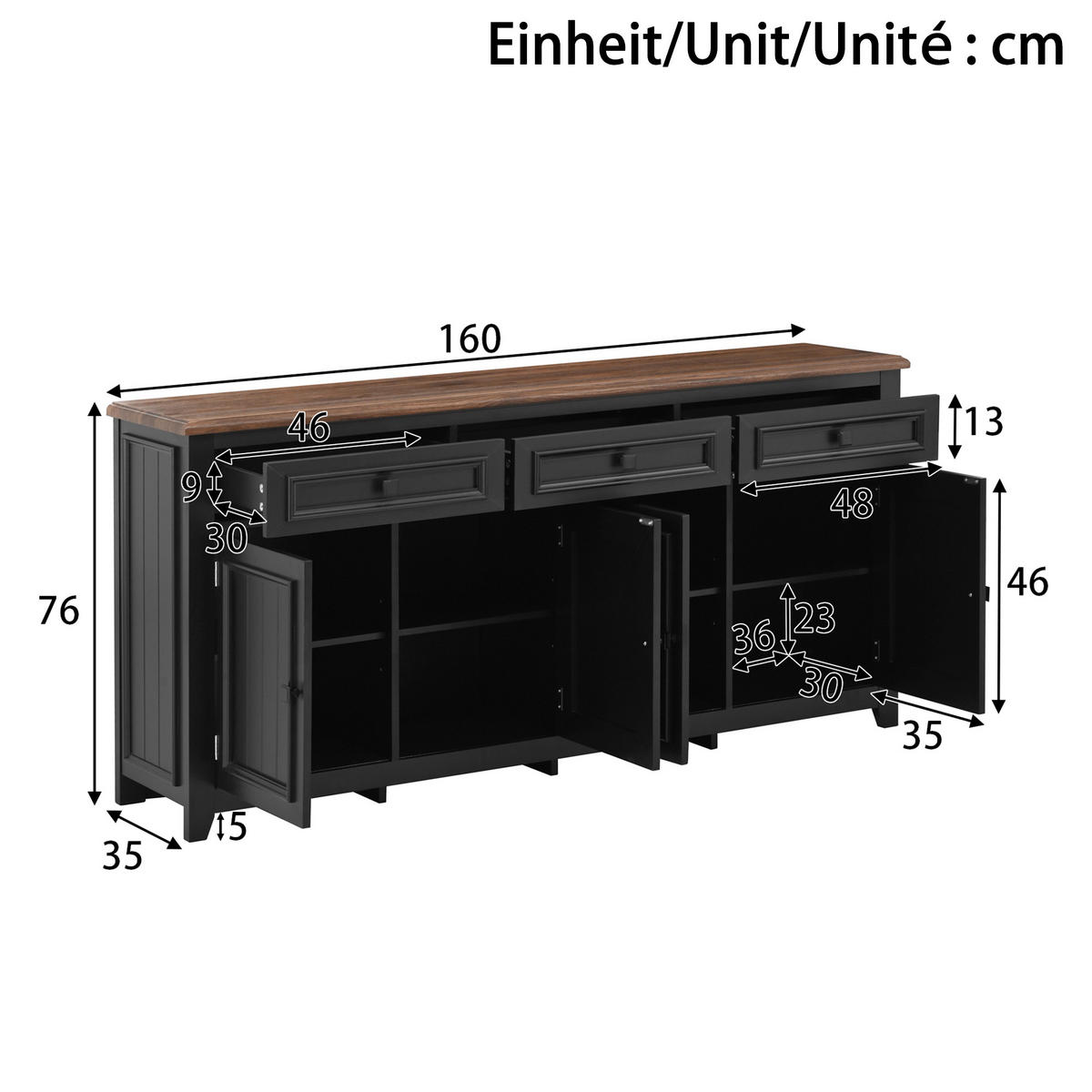 SIDEBOARD 160cm modern Anrichte Buffet Stauraum Wohnzimmer - Schwarz, Holzwerkstoff (35/76/160cm) - FLIEKS