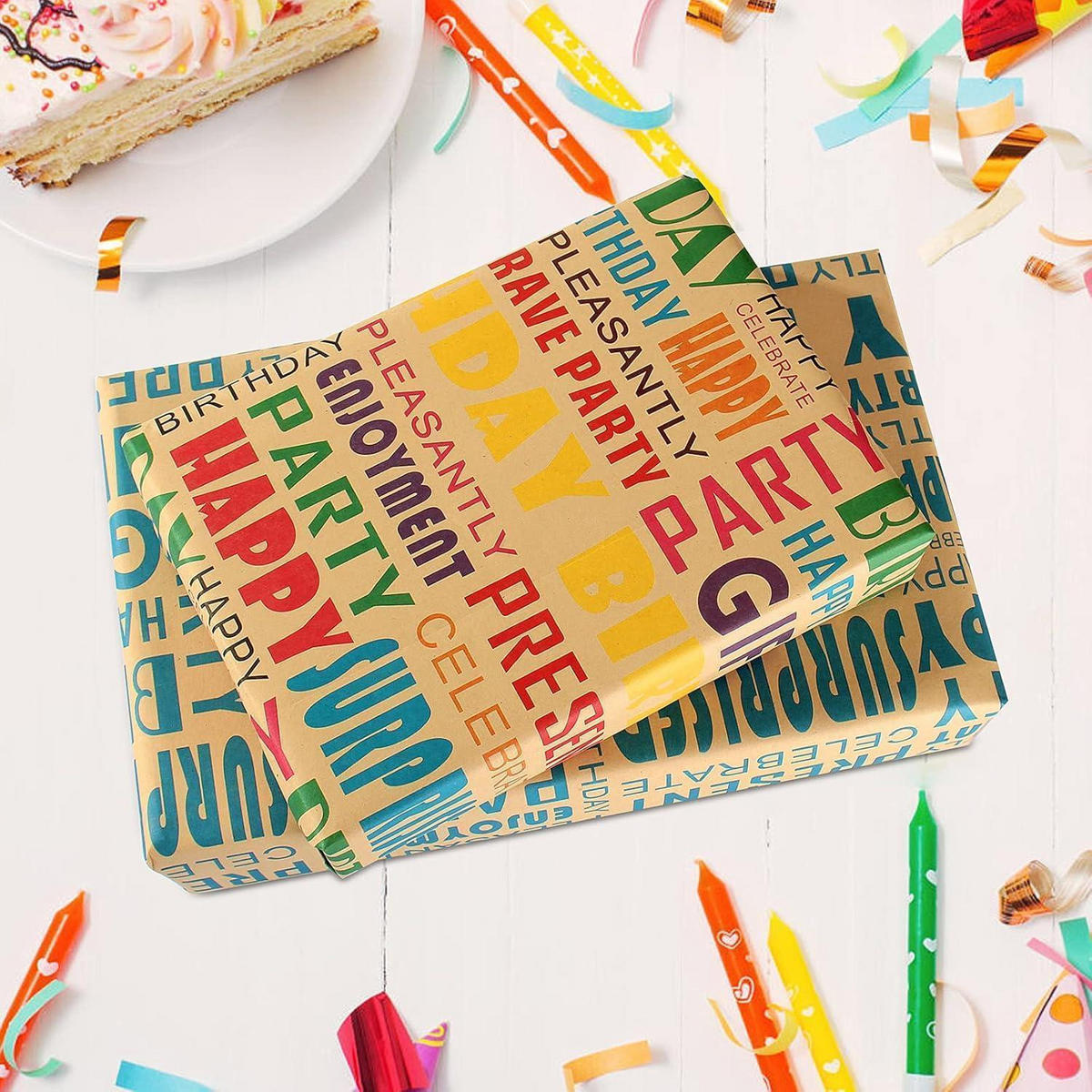 GESCHENKPAPIER Set Geburtstag 5 Blatt mit Band und Aufklebern - Multicolor, Papier (22/1/33cm)