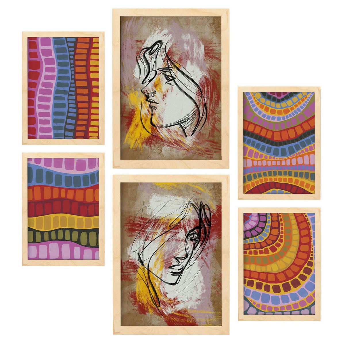 POSTER Set Mit 6 Razzle Blenden In Weibliche Zusammenfassung A3 & A4 Rahmen Aus Hellem Holz - Beige, Papier (29/3cm) - Nacnic