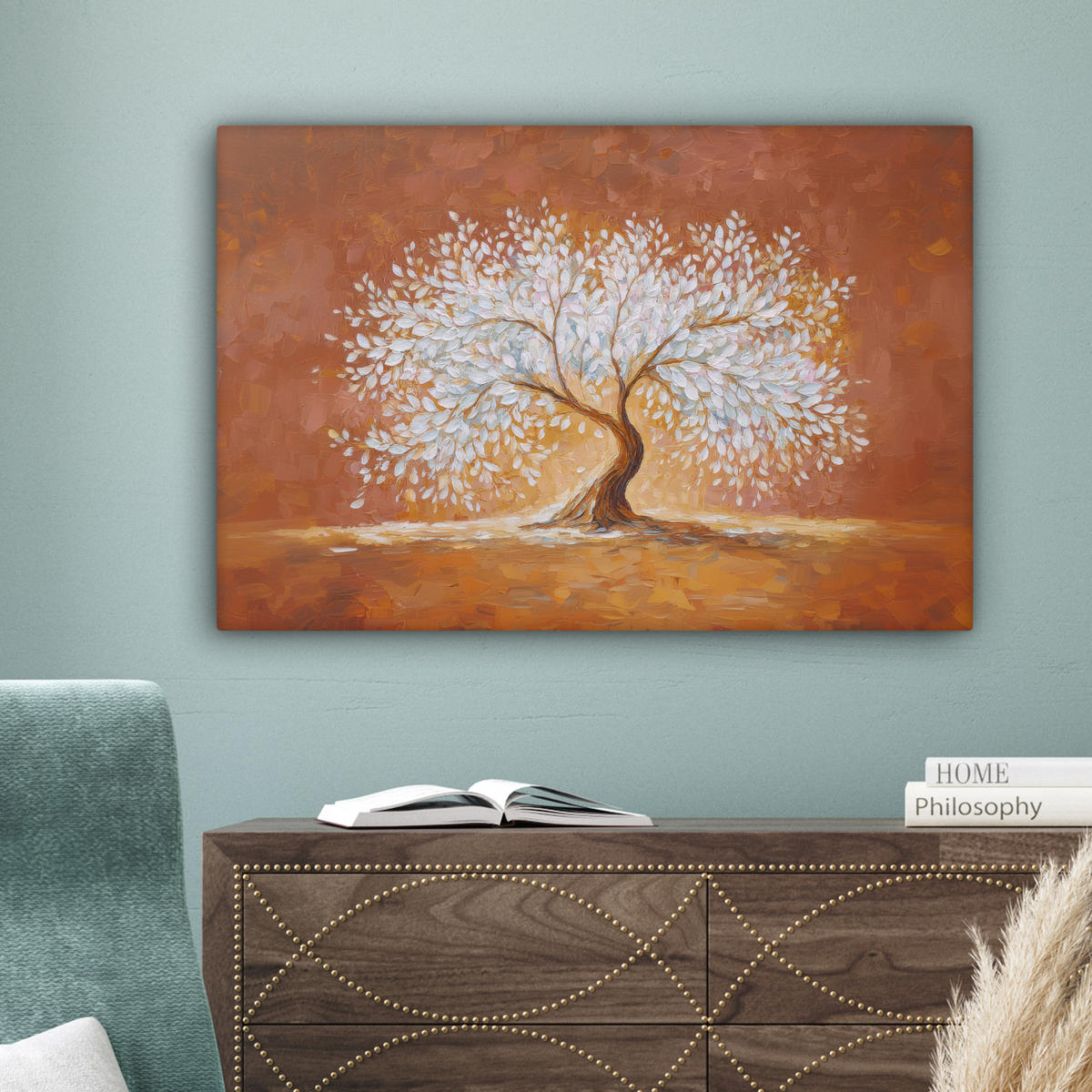 LEINWANDBILD Abstrakt - Baum - Weiß - Blätter Wanddeko 90x60 cm - Braun, Textil (90/60cm) - MuchoWow